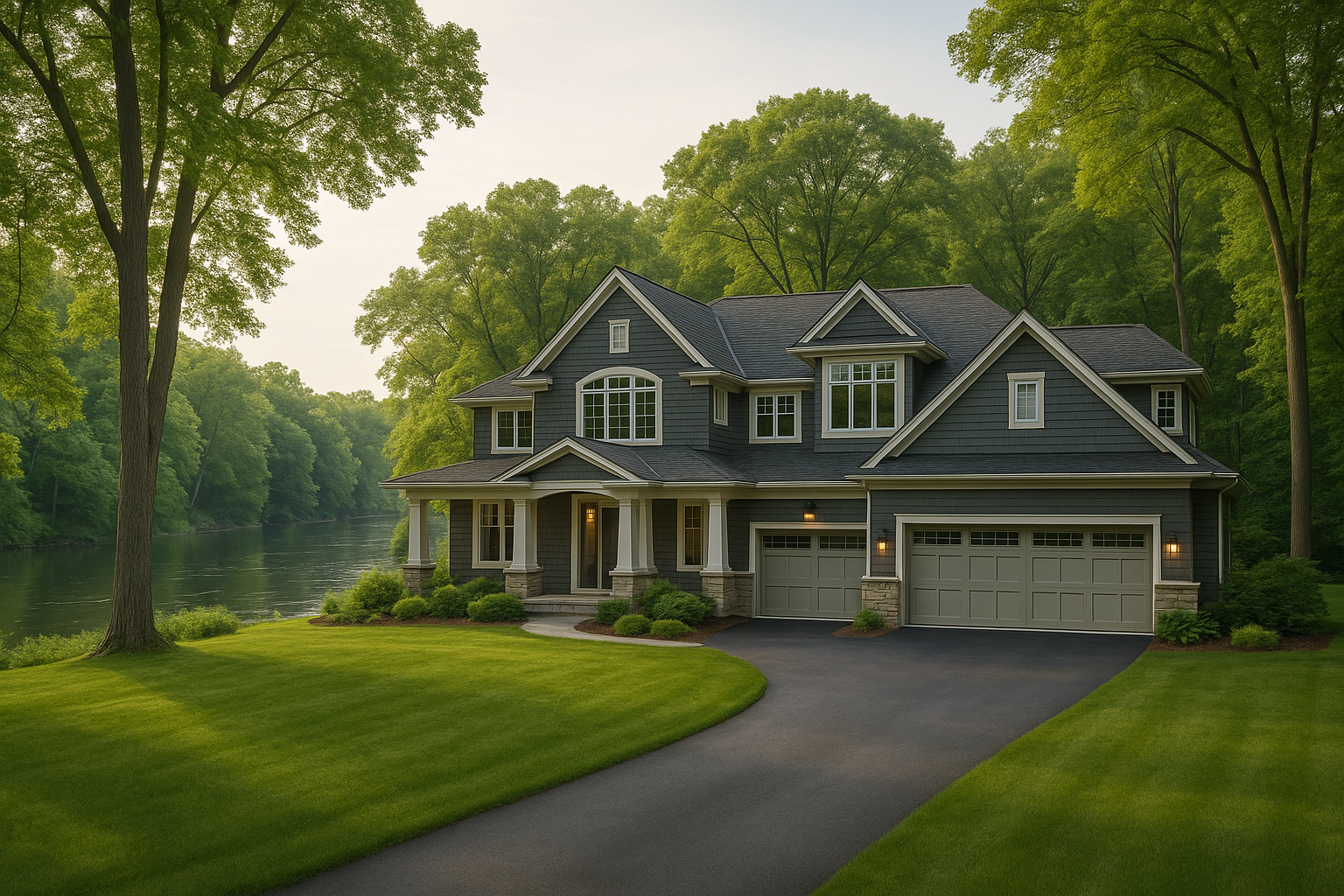 Large newer homes along the Thornapple River in Cascade