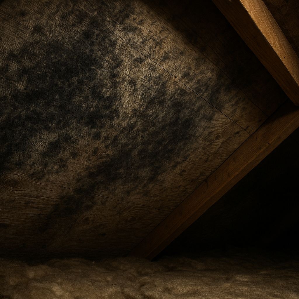 Dark mold on attic roof sheathing from winter condensation
