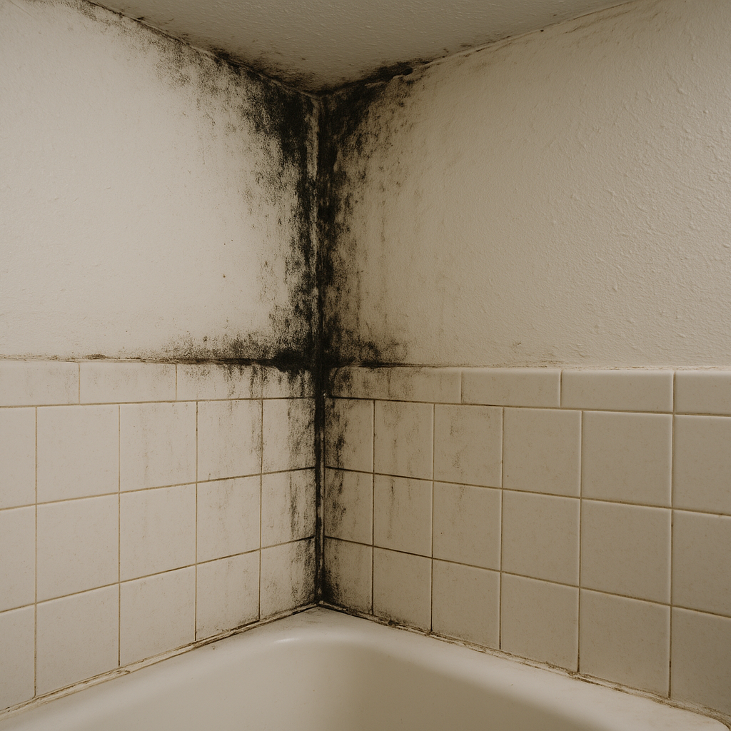 Mold along bathroom ceiling and grout above a shower