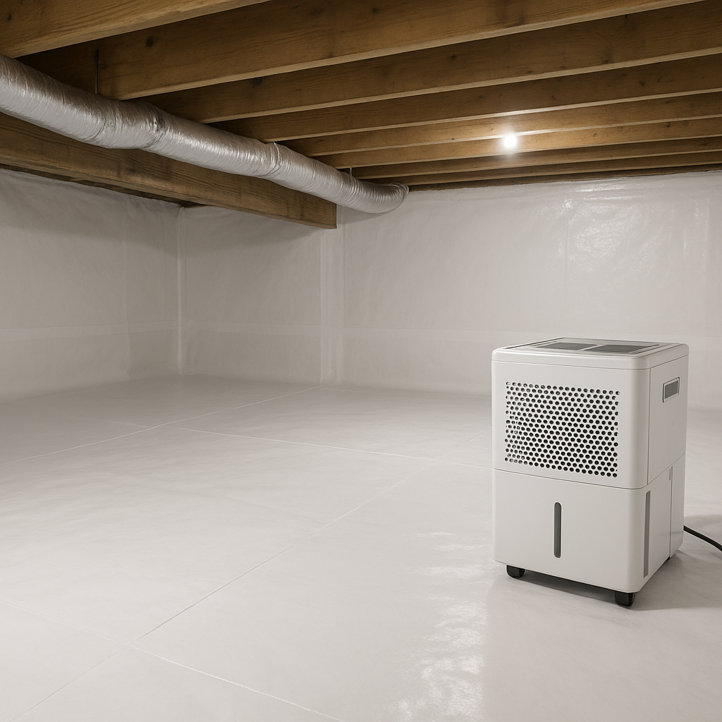 The same crawl space cleaned, with joists treated and a sealed vapor barrier installed