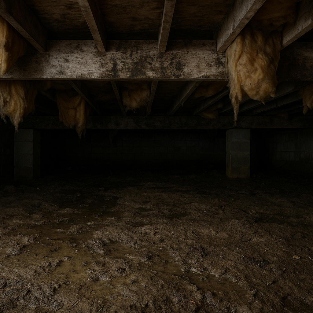 Dirt crawl space with mold on the floor joists and exposed soil