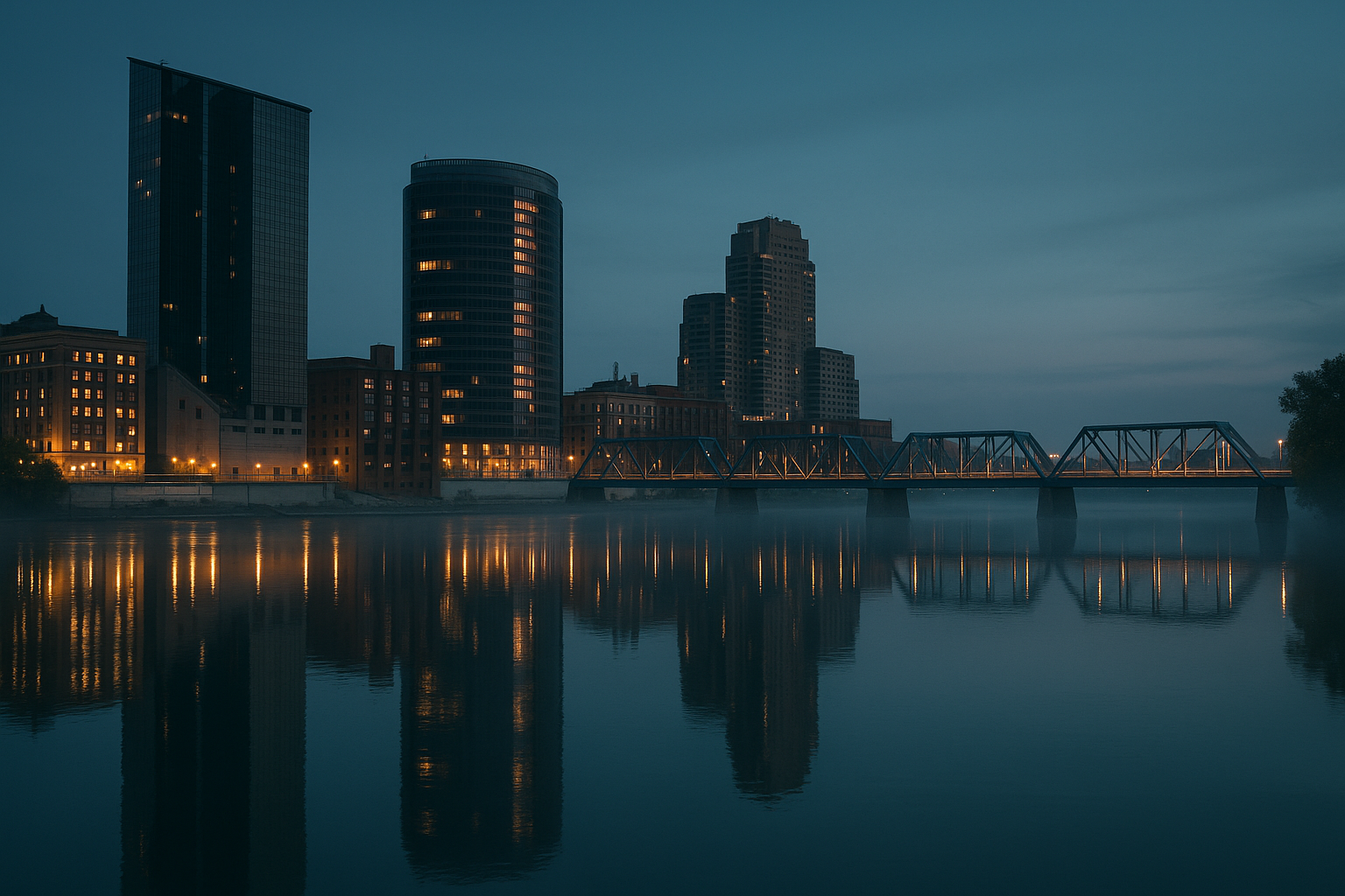 Grand Rapids skyline over the Grand River at dusk