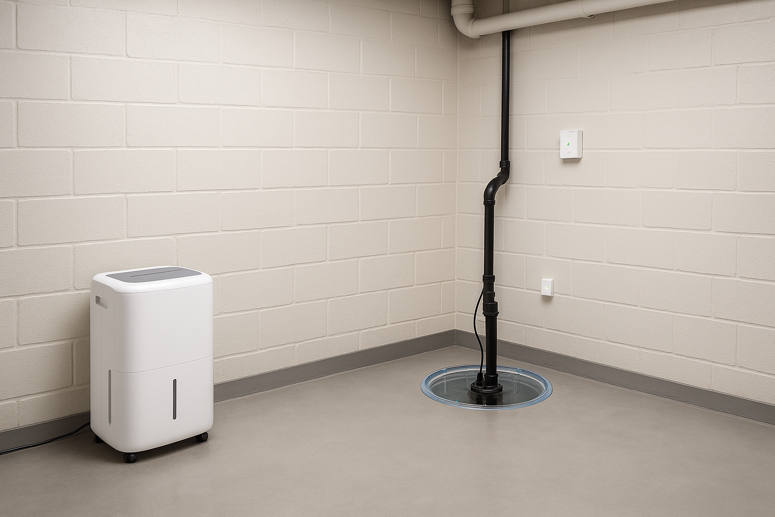 A dry, well-maintained Grand Rapids basement with a dehumidifier and sump pump