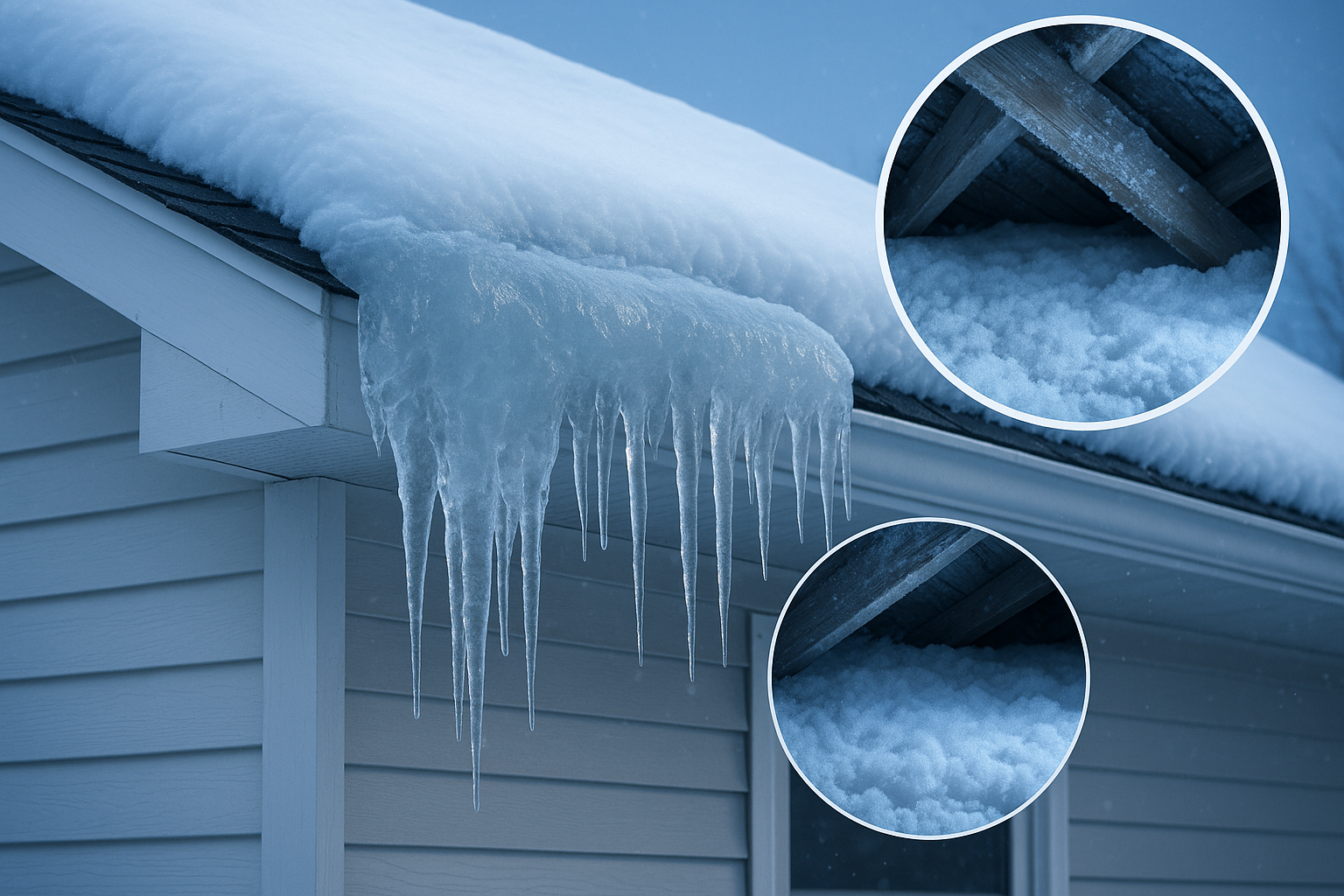 Ice dams forming along the eaves of a Grand Rapids home in winter