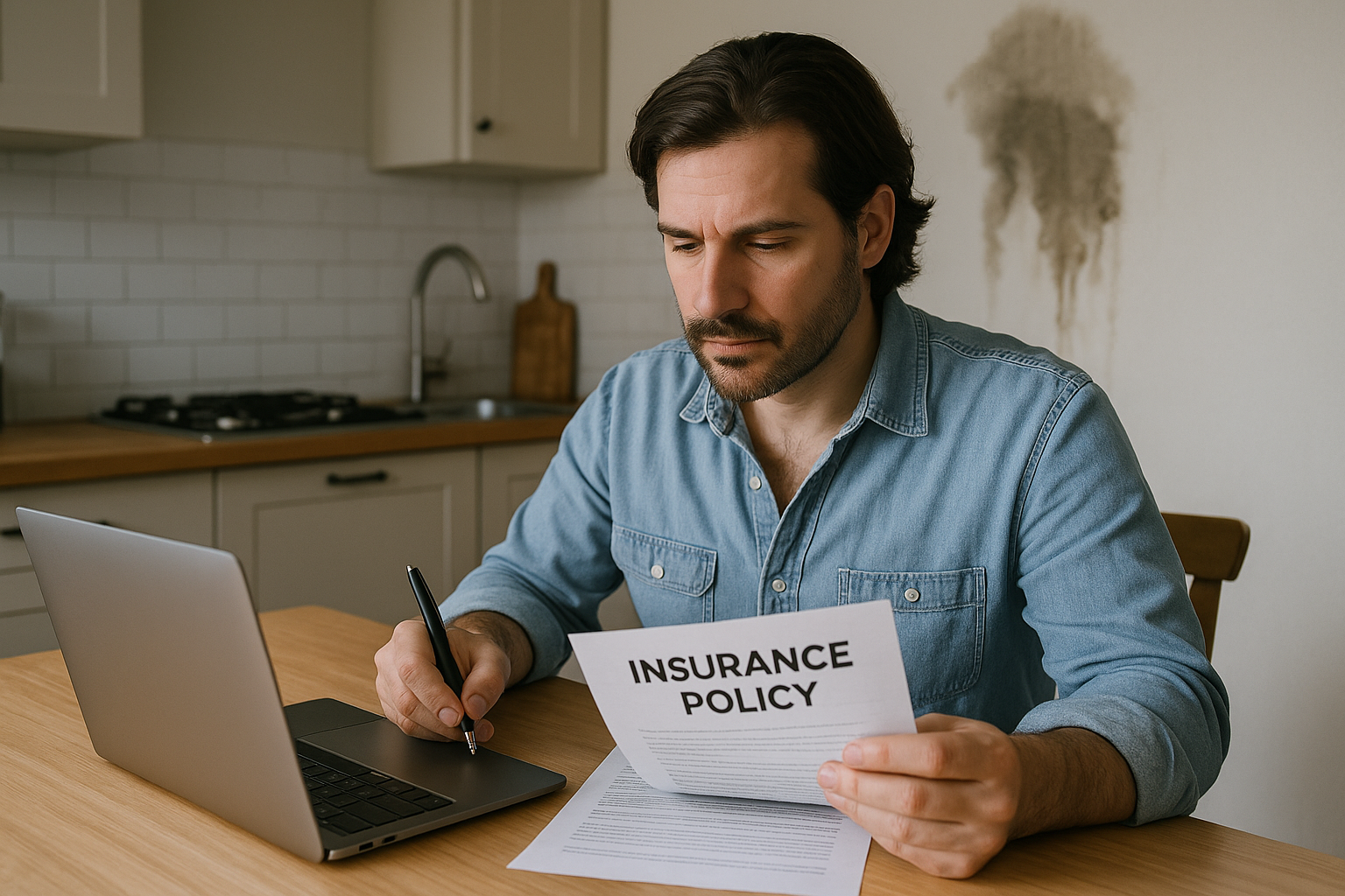 A homeowner reviewing an insurance policy at a kitchen table