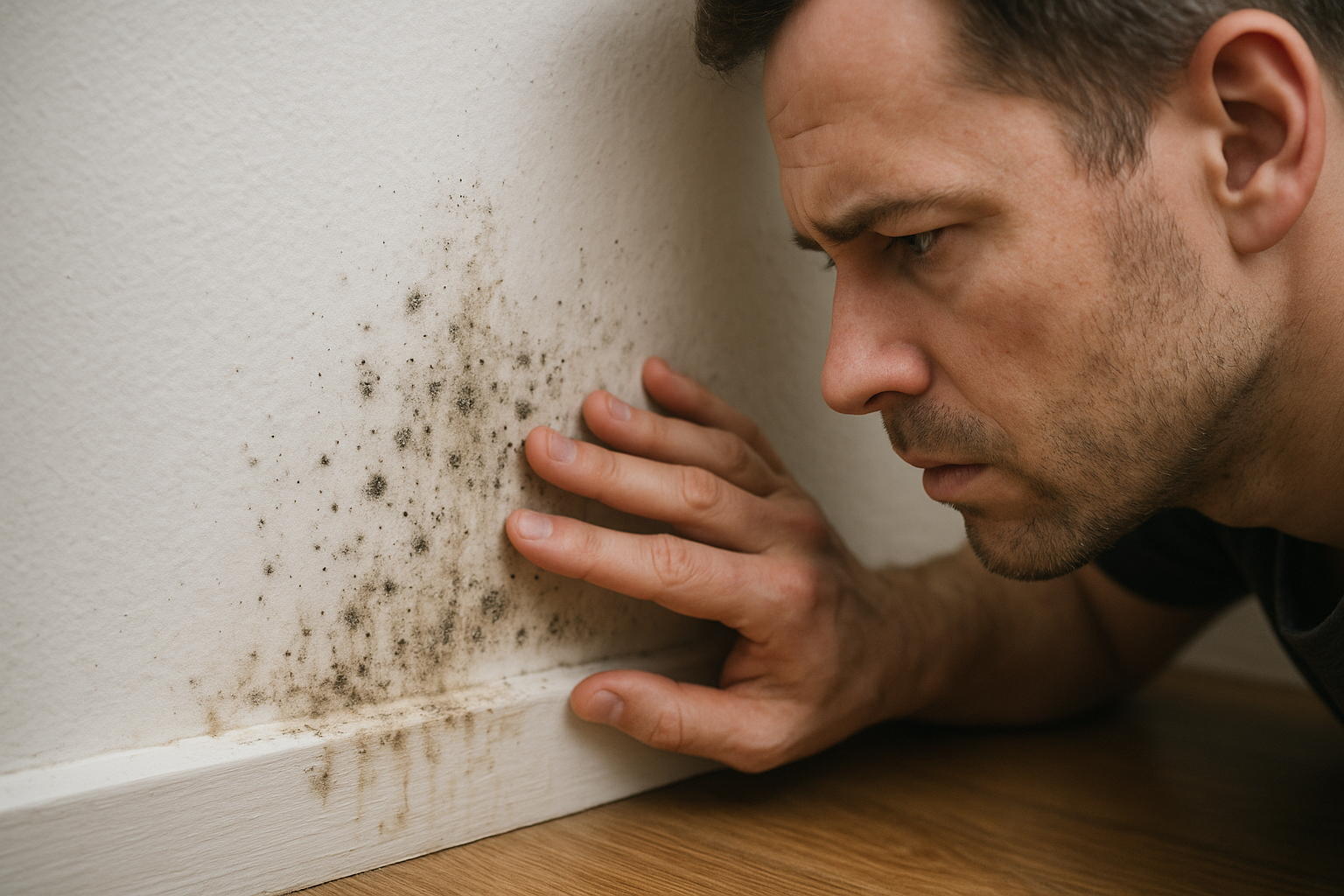 A homeowner inspecting a wall for early signs of mold