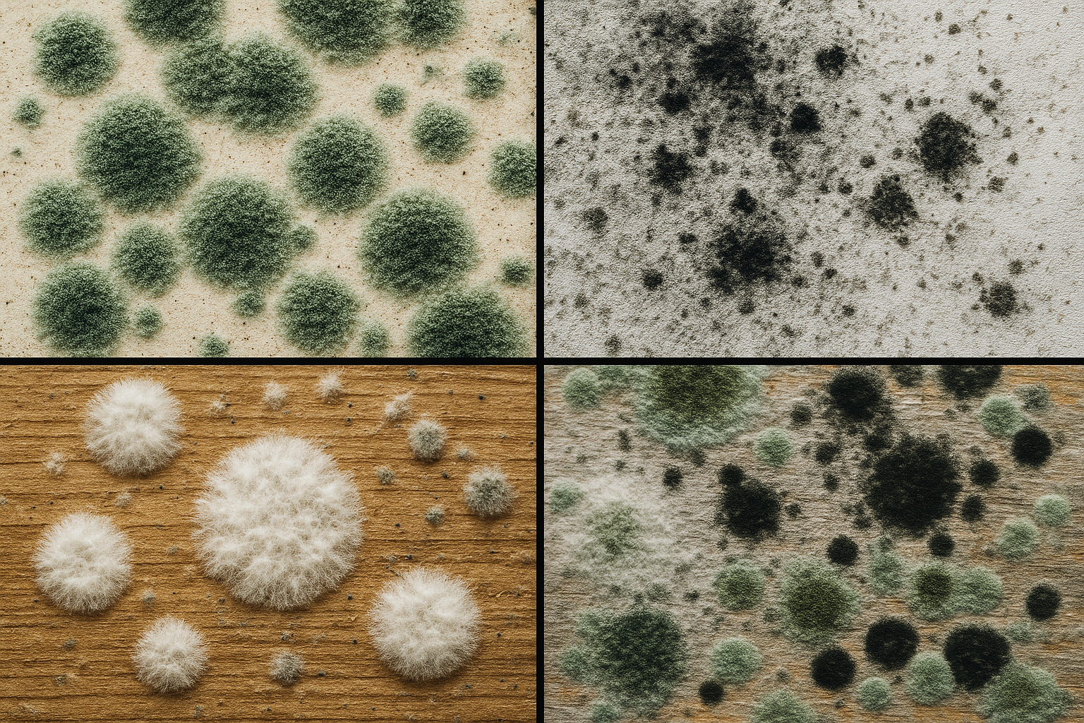 Different types of household mold growth on various surfaces