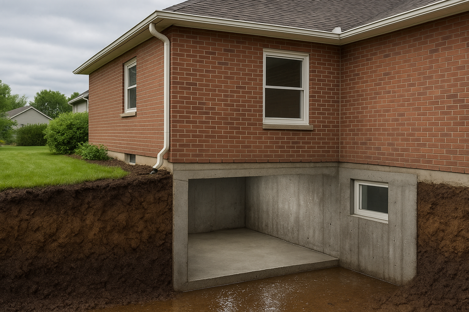 A Grand Rapids home in late winter with snowmelt around the foundation