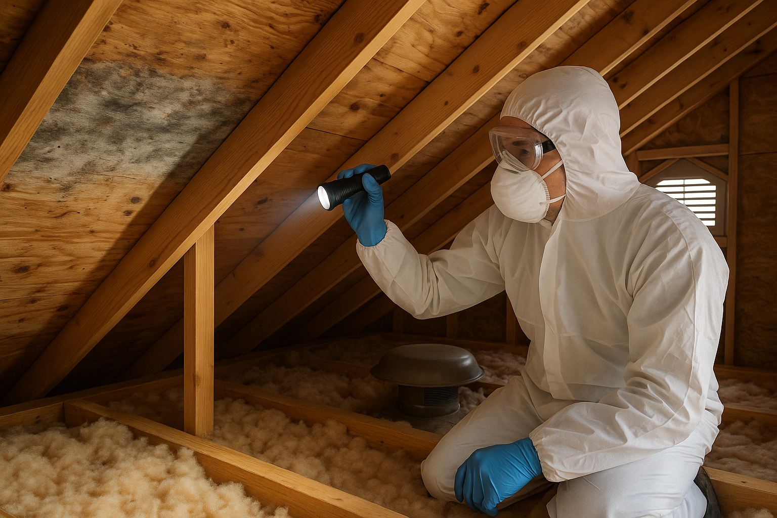 Attic roof sheathing showing dark mold staining from winter condensation in a Grand Rapids home