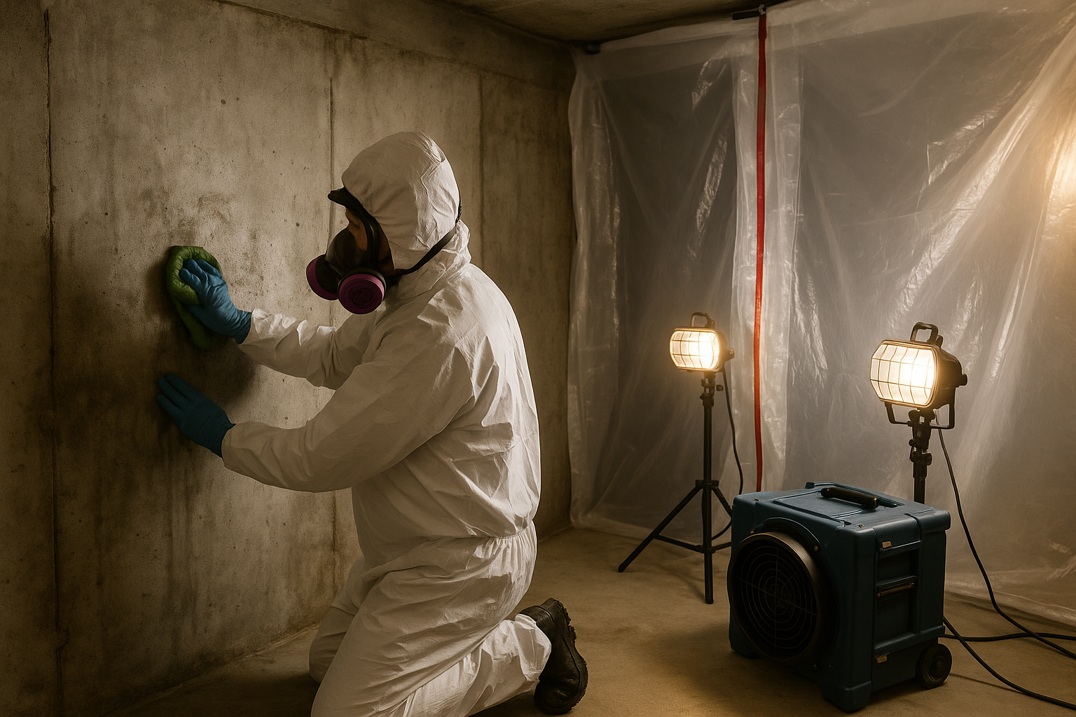 Containment sheeting set up in a Grand Rapids basement during mold removal