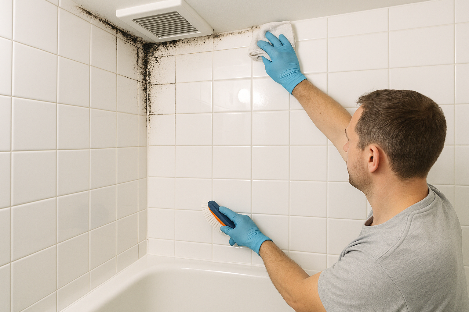 Bathroom ceiling and grout being remediated for mold in a Grand Rapids home