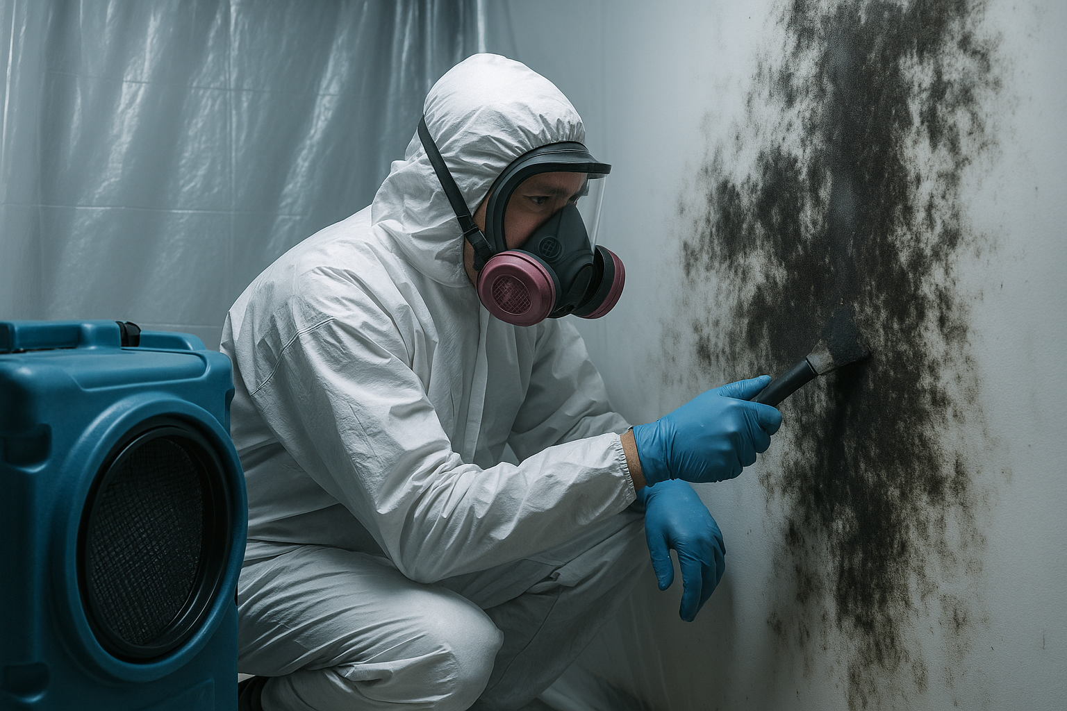 Negative-air machine and poly sheeting set up around a wall during black mold removal