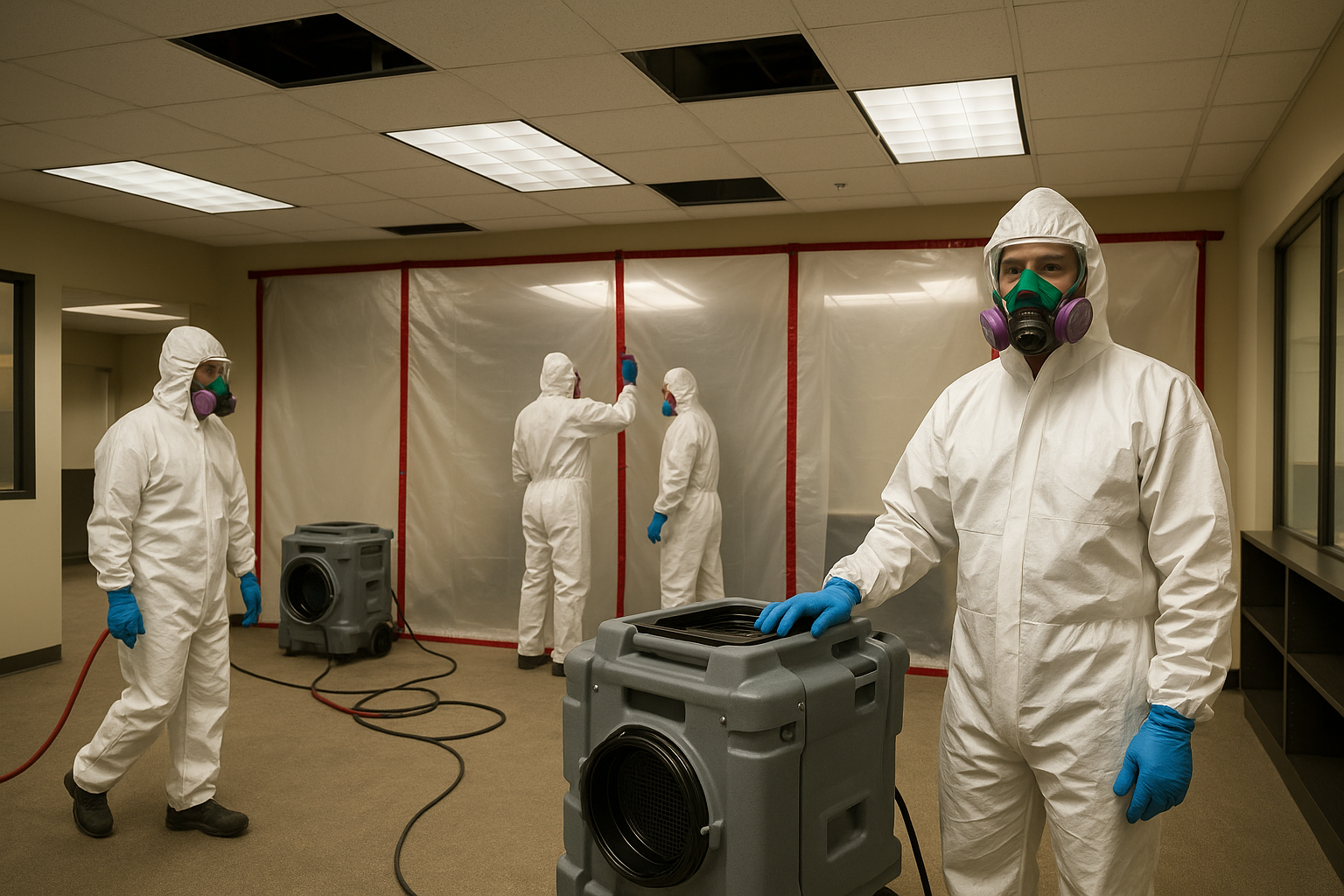 Commercial mold remediation crew working in a Grand Rapids office building