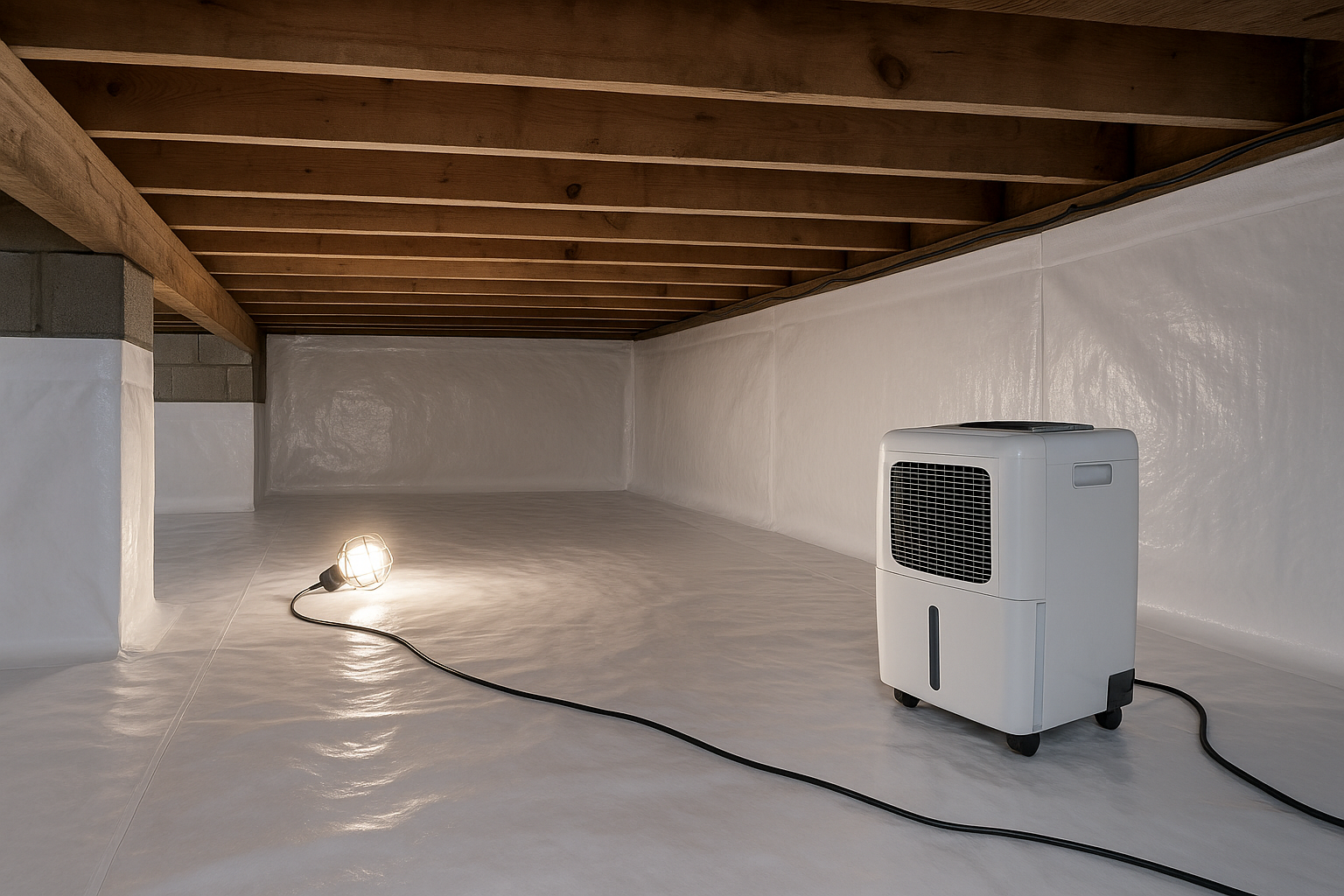 Encapsulated crawl space with a white vapor barrier and dehumidifier in a Grand Rapids home