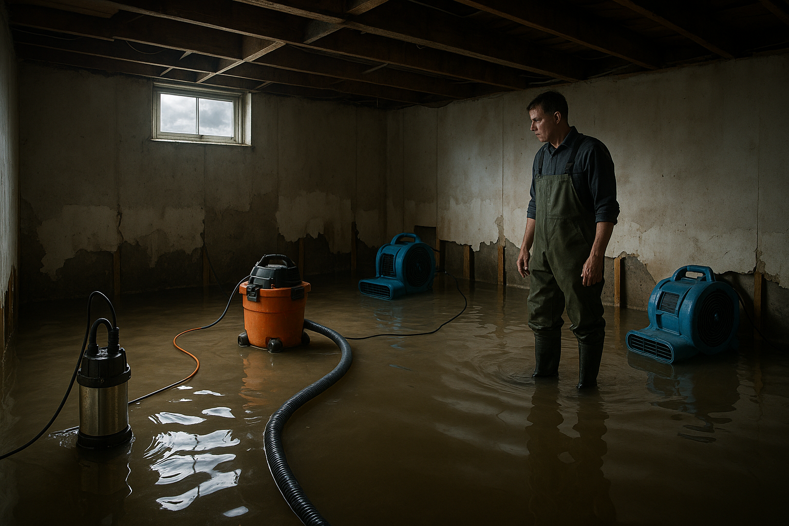 Air movers and a dehumidifier drying a flooded Grand Rapids basement