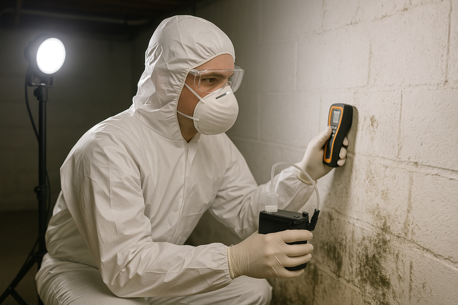 Mold inspector using a moisture meter on a Grand Rapids basement wall